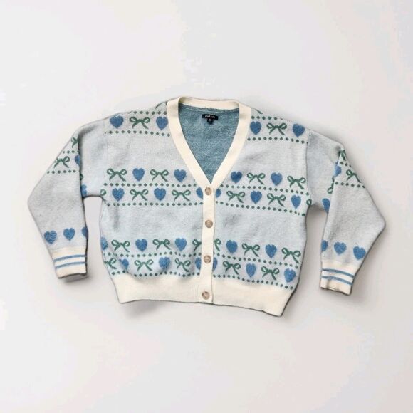 Girlish Sweaters - Girlish Heart Bow Cardigan Sweater Blue Cream Button Up Soft Knit Womens XL GUC